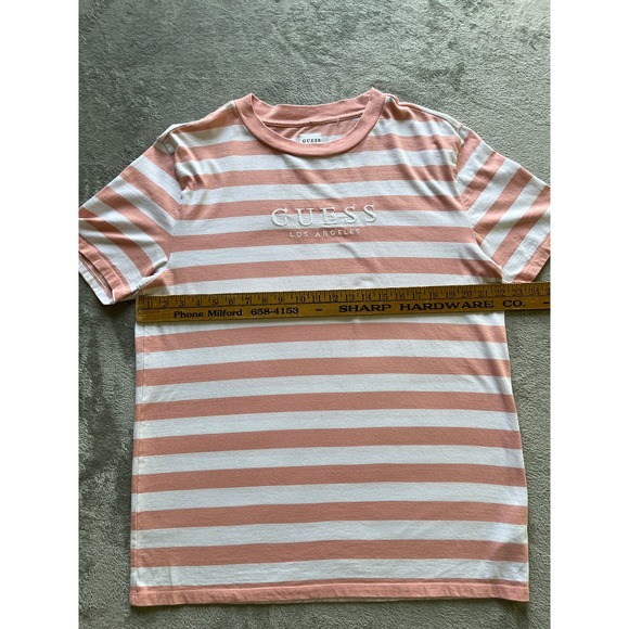Guess TShirt Mens Medium Pink White Striped Embroidered Logo Short Sleeved Crew - Picture 11 of 13